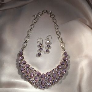 .925 silver  rose quartz bib necklace & earrings.